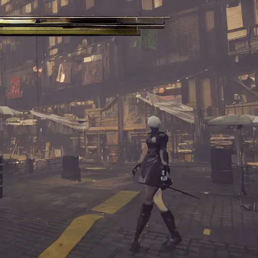 Prompt: Screenshot from Nier Automata in a bustling market