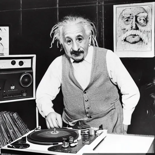 Image similar to photo of Albert Einstein DJing a record player, vintage, highly detailed facial features