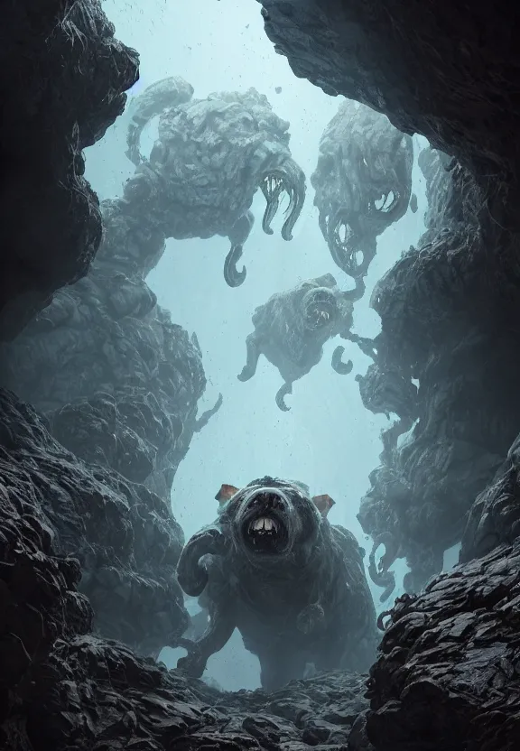 Prompt: three lovecraftian rabies mastiffs attacking inside a claustrophobic dark blue canyon of stone, foaming at the mouth, like ink in water, reflective eyes, monsters, digital art, greg rutkowski, unreal engine, octane render, cinematic lighting, highly detailed