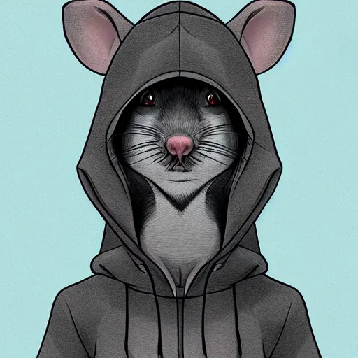 Image similar to a rat wearing a hoodie looking into the camera, furry art, furaffinity, symmetrical, highly detailed