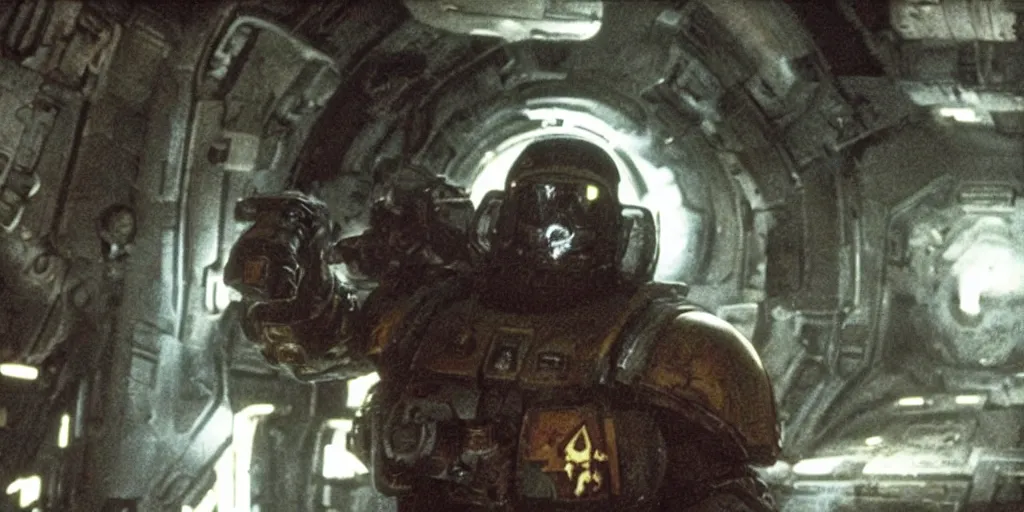 Image similar to color film still, a space marine exploring the interior of a dark, badly cluttered settlement ; alien 2 ( 1 9 8 6 )