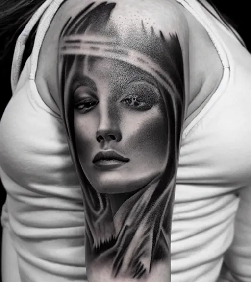 Image similar to a beautiful girl faded in a mountain background, realism tattoo, in the style of den yakovlev, black and white, hyper realistic, highly detailed