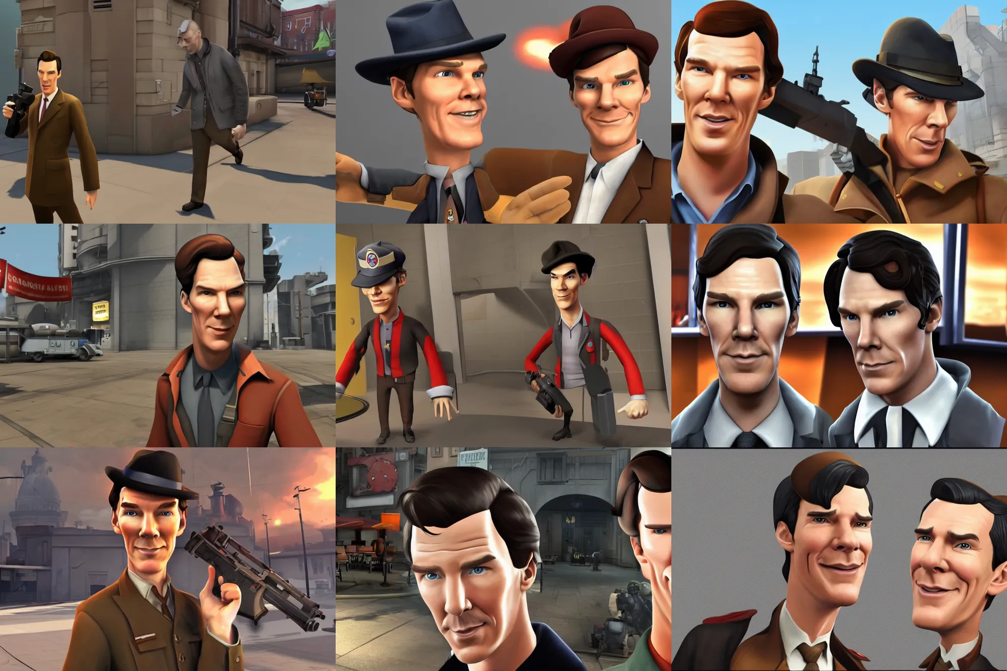 Prompt: a gameplay screenshot of benedict cumberbatch in the video game tf 2. 3 d rendering. amazing likeness. very detailed. cartoon caricature.