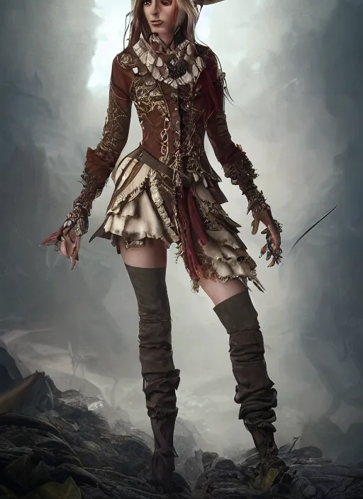 Prompt: detailed full body concept of a famous actress dressed as a pirate, beautiful face, elegant pose, fantasy, illustration, insanely detailed and intricate clothing, octane render, 4k