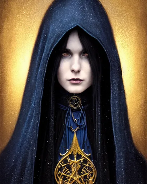 Prompt: wizard the sandman, long black hair blue wearing cloth mantle gothic navy cloak with gold details, tree town, fantasy character portrait, ultra realistic, intricate, elegant, cinematic lighting, highly detailed, digital painting, artstation, smooth, sharp, focus, illustration, art by artgerm and greg rutkowski and alphonse mucha