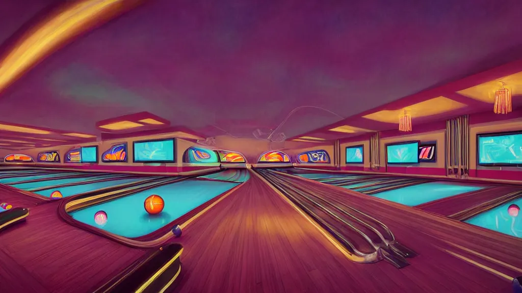 Prompt: art deco bowling alley, neon flamingo, ultra detail, photoreal, soft moonlight lighting, realistic, wide angle, sharp focus, 8 k high definition, insanely detailed, intricate, elegant, art by artgerm and wlop