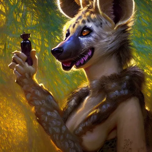 Image similar to a female hyena hyenawoman canine in robes alone in a dark forest. night zootopia fursona furaffinity furry art detailed face painting by gaston bussiere craig mullins jc leyendecker gustav klimt artgerm greg rutkowski furry