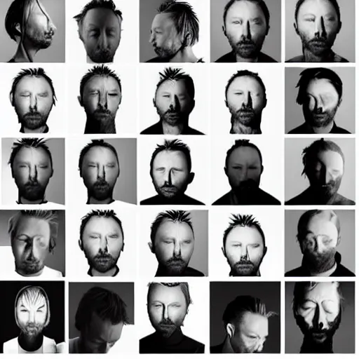 Prompt: overlapping sprite sheets of thom yorke, hyper realistic, many variations of thom yorke, face variations, various emotions, various poses, high quality photographs, mixed styles intricate details, beautiful lighting