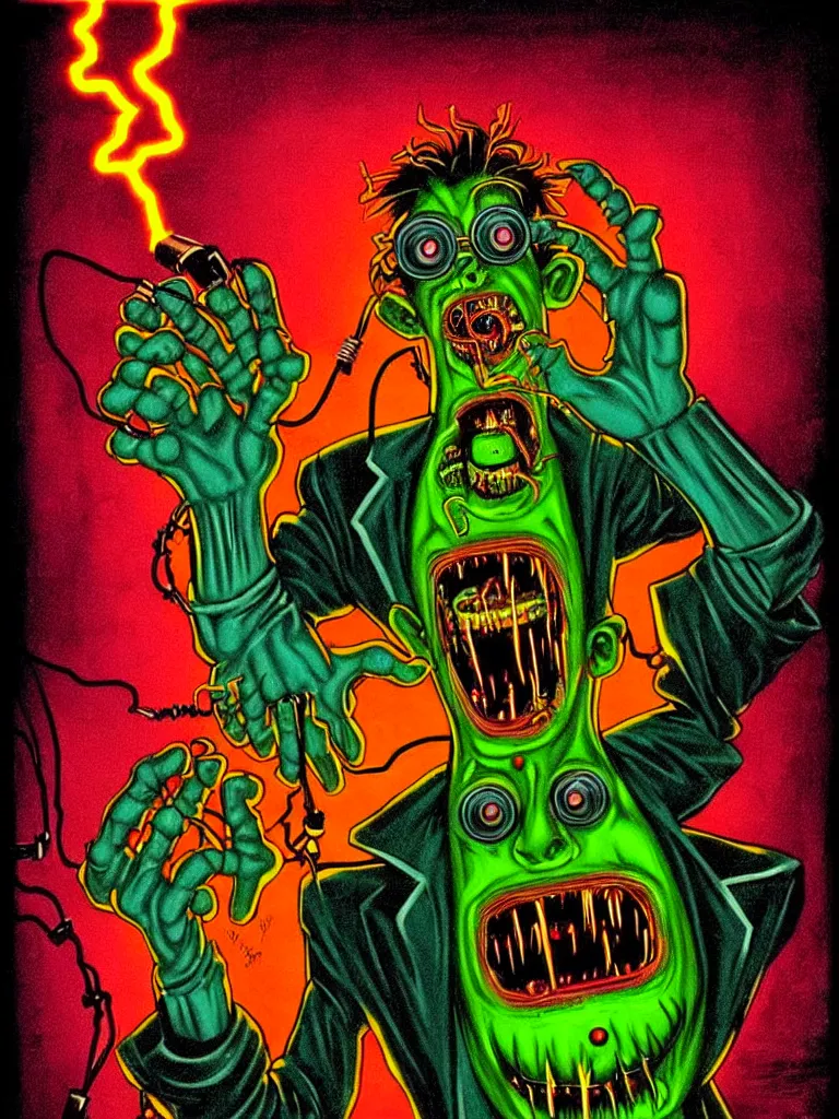 Prompt: Vibrant Colorful Vintage Horror Illustration of a Mad Scientist Experiment Electricity Zombie Laboratory. Glowing , Spooky lighting , Pinterest