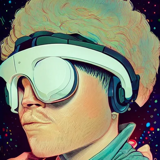 Prompt: portrait painting of a 9 0 s gamer with a vr headset on, sharp focus, award - winning, trending on artstation, masterpiece, highly detailed, intricate. art by josan gonzales and moebius and deathburger