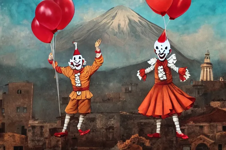 Image similar to pennywise as pulcinella! with a pizza! margherita! in front of vesuvius!, by esao andrews, by james jean, humorous illustration, hyperrealistic, big depth of field, warm colors, night scenery, low light, 3 d octane render, 4 k, conceptart, masterpiece, hyperrealistic, trending on artstation