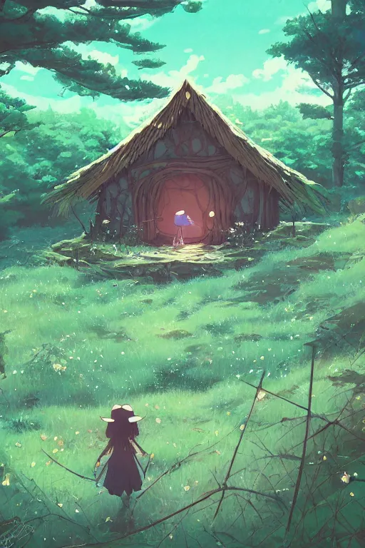 Image similar to a lonely witch's hut in a clearing in the forest on which a giant spaghetti monster is approaching, top view rule of thirds golden ratio, fake detail, trending pixiv fanbox, acrylic palette knife, style of makoto shinkai studio ghibli genshin impact james gilleard greg rutkowski chiho aoshima