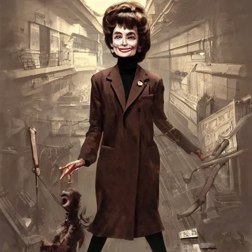 Image similar to a highly detailed epic cinematic concept art CG render digital painting artwork costume design: Audrey Hepburn as a 1950s crazy mad scientist lunatic in a brown lab coat, with unkempt hair and crazy eyes. By Greg Rutkowski, Ilya Kuvshinov, WLOP, Stanley Artgerm Lau, Ruan Jia and Fenghua Zhong, trending on ArtStation, made in Maya, Blender and Photoshop, octane render, excellent composition, cinematic atmosphere, dynamic dramatic cinematic lighting, aesthetic, very inspirational, arthouse