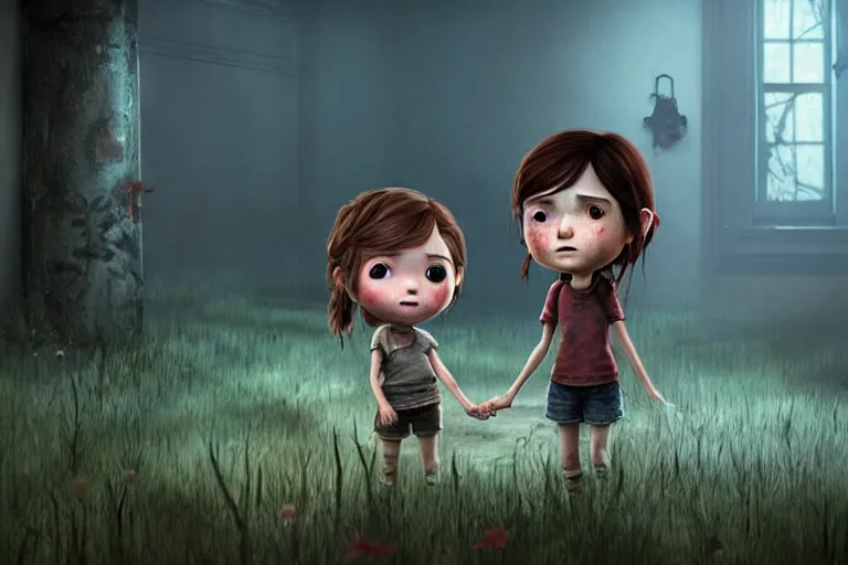 Prompt: Extremely cute and adorable epic very beautiful 8k HD key visual of Ellie (The Last of Us) exploring an eerie haunted mansion in a creepy! horror movie, official media, character design by Mark Ryden and Pixar and Hayao Miyazaki. The art style is quite chibi, with large heads and big wide eyes. 3D render diorama Macro photography, cosplay, unreal engine 5, DAZ, octane render, hyperrealistic, harvest fall vibrancy, cinematic, dynamic lighting, intricate detail