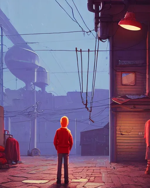 Prompt: kid standing in front of the tailor shop, staring at the mannequin, calming, uplifting mood, ultra realistic, factory, funny, highly detailed, epic lighting, illuminated, cinematic, morning, art by eddie mendoza and simon stalenhag