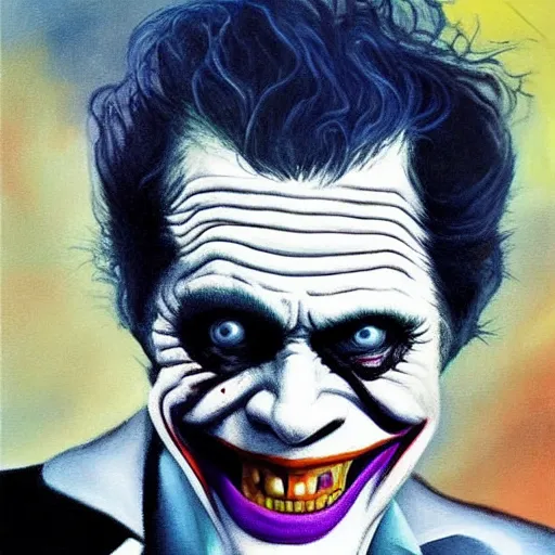 Prompt: Painting of Willem Dafoe as the Joker, from Joker (2019), by Salvador Dali