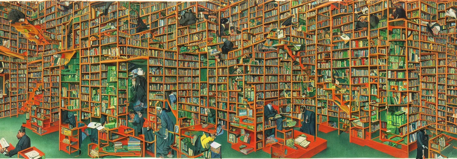 Image similar to a book store, customers are rabbit, by m. c. escher, yellow, green, red, snowy, ultra sharp, ultra detailed, happy, uplifting, colorized by salvador dali