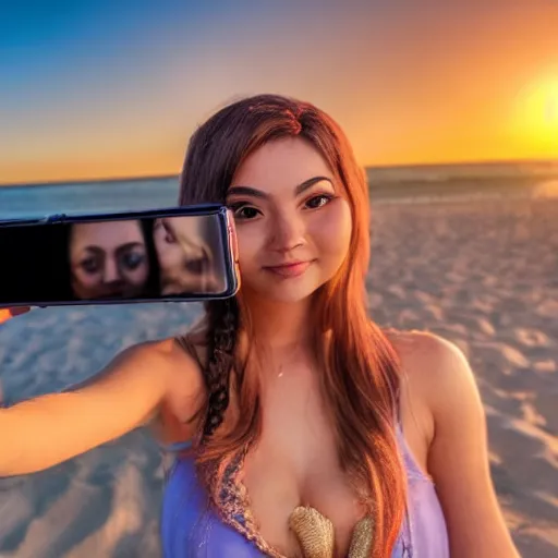 Prompt: lulu from league of legends taking a selfie with a iphone on the beach, high resolution, golden hour, sun is shining