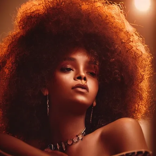 Image similar to sultry rhianna with a curly afro, cinematic pose, intricate hair details, jewellery, big hooped earrings, long nails, off the shoulder shirt, soulful, pouty lips, real life details, soft shadows, sharp focus, volumetric lights, rim light, model, beautiful, gorgeous