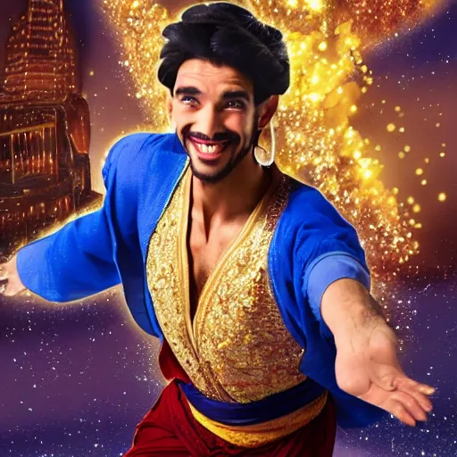 Prompt: hyper realistic aladdin flying into the twin towers on his carpet, award winning,