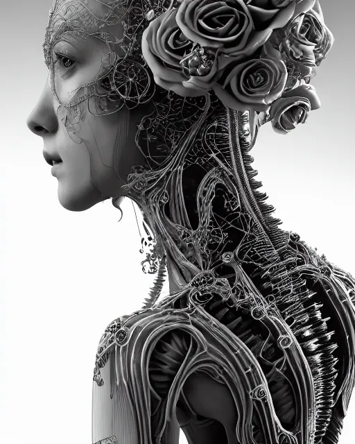 Image similar to mythical dreamy black and white organic bio-mechanical spinal ribbed profile face portrait detail of translucent steampunk beautiful female angelic-human-queen-vegetal-cyborg, highly detailed, intricate trnaslucent ivy jelly ornate, poetic, translucent roses ornate, 3D render, digital art, octane render, 8K artistic photography, photo-realistic, by Dora Maar