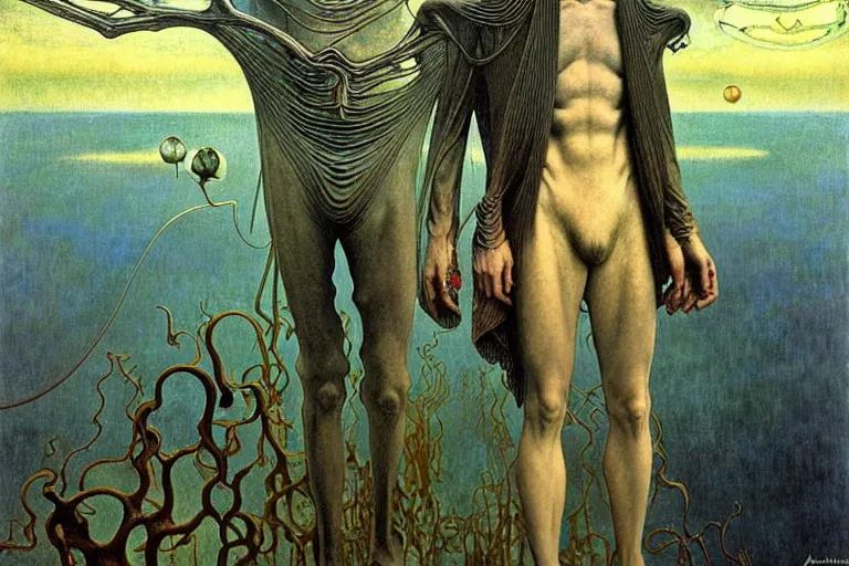 Image similar to realistic extremely detailed portrait painting of an elegantly creepy vampire man in cape, futuristic sci-fi landscape on background by Jean Delville, Amano, Yves Tanguy, Alphonse Mucha, Ernst Haeckel, Edward Robert Hughes, Roger Dean, rich moody colours, blue eyes