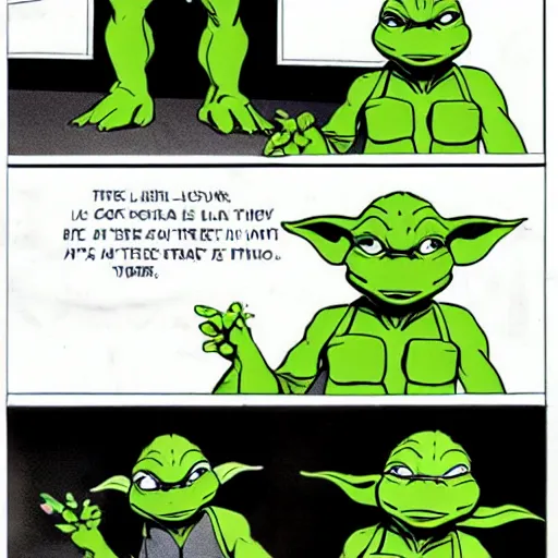Image similar to Yoda training the Teenage Mutant Ninja Turtles