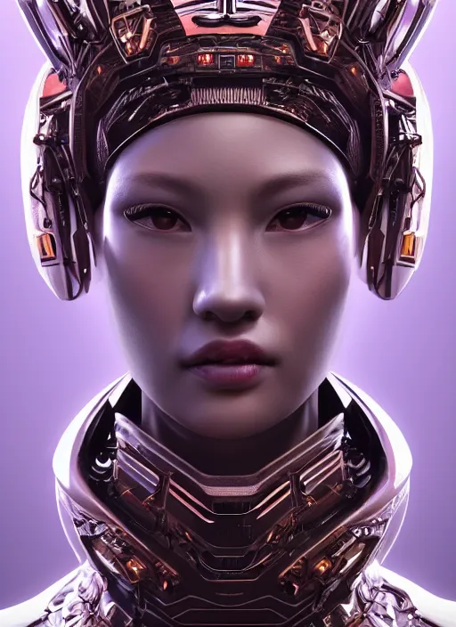 Prompt: beautiful portrait of an alien cyborg, style of Feng Zhu, Artstation geometric, aesthetic, smooth skin, unique features, symmetrical, intricate crown, high fashion, streetwear, cyberpunk, detailed, octane render, cinematic, 8k, purple skin, brown skin