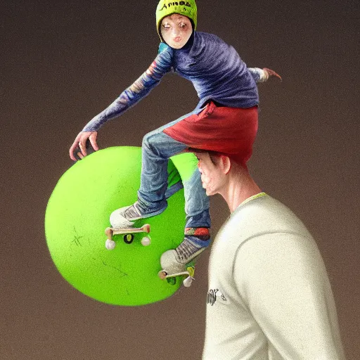 Image similar to highly detailed vfx portrait of a character of a skateboarding tennis ball monster, skateboard stephen bliss, chalk, unrealengine, greg rutkowski, loish, rhads, beeple, chalk, makoto shinkai and lois van baarle, ilya kuvshinov, rossdraws, tom bagshaw, basil gogos