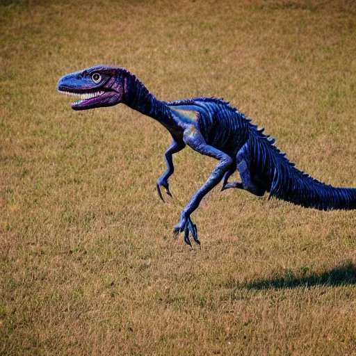 Prompt: Full body pose of velociraptor in style of Dave Hill Photograph