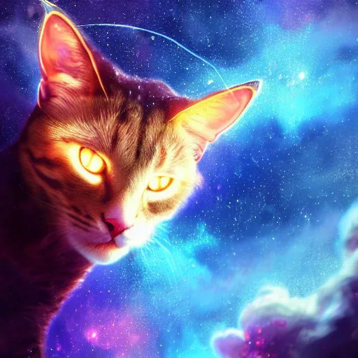 Prompt: a highly detailed galaxy cat with horns and wings in space, trending on artstation, digital art, 4k, high detail, cinematic, cinematic lighting, high detail, realistic, fantasy, by Danielle English, character portrait