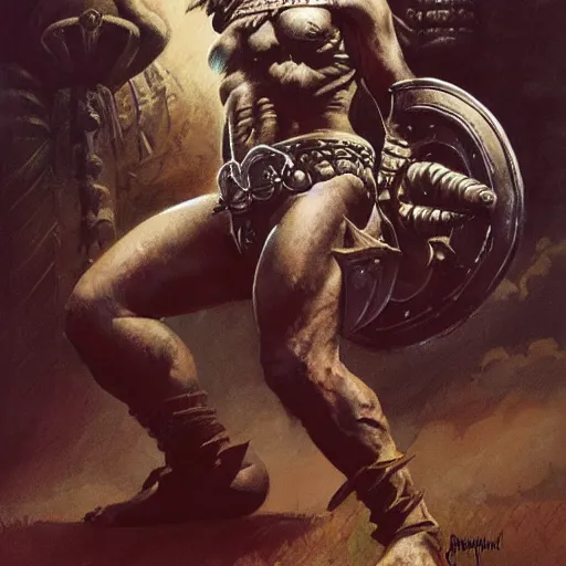 Image similar to quarter length portrait of a gladiator hobgoblin, d & d, fantasy, greg rutkowski, frank frazetta, alexandre chaudret, boris vallejo, michael whelan, miro petrov, hr giger, magali villeneuve, donato giancola