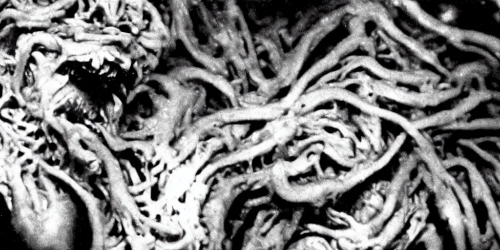 Image similar to filmic close up dutch angle movie still 35mm film color photograph of the snarling distorted deformed human face of a mutated abstract shape shifting organism made of human internal organs, disgusting dissected human tissue with a variety of grotesquely randomly strewn together animal limbs, in the style of a horror film The Thing 1982
