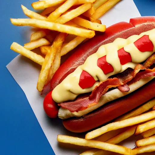 Prompt: professional photo of a hotdog sliced lengthwise with relish, cheese and bacon with a side of skin-on French fries, 4k