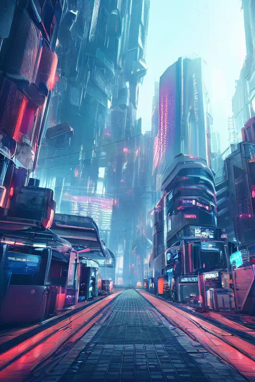 Image similar to Futuristic cyberpunk city, tracks floating in the air, high saturation, cg large scene, octane rendering, volumetric light, virtual engine