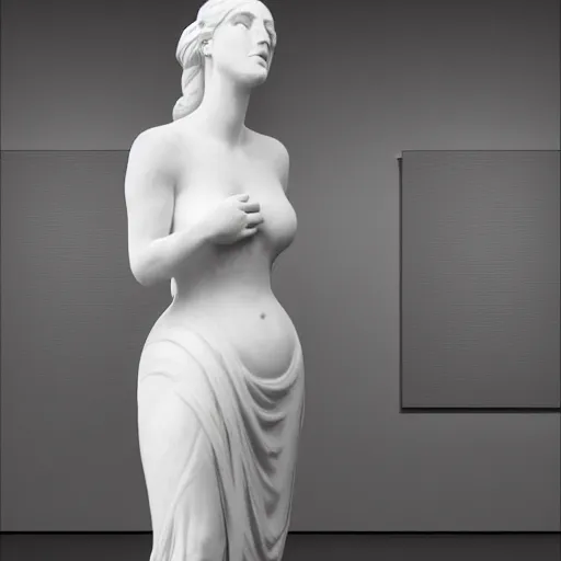 Image similar to a realistic modern white marble statue of kim kardashian wearing a ghostly dress, displayed in a museum art gallery, moody, dramatic lighting, dark, photorealistic, cinematic scene, super detailed, hyper realistic, 8 k