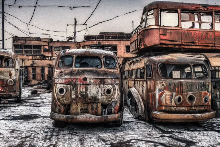 Image similar to low wide angle shot of dilapidated fallout 5, desolate rugged industrial area, few rusted retro futuristic vintage abandoned vehicles like cars, ( ( ( buses, trucks, trams ) ) ), volumetric lighting, photorealistic, foggy, early evening, winter, sharp focus, ultra detailed, 4 0 0 0 k