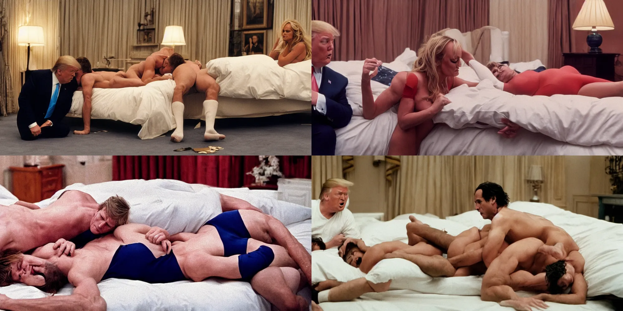 Prompt: donald trump wrestling stormy daniels on a bed directed by wes anderson, cinestill 8 0 0 t, 1 9 8 0 s movie still, film grain