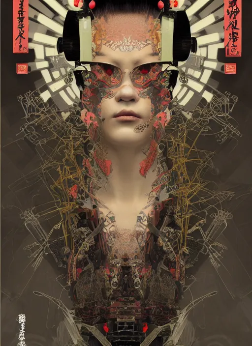 Image similar to portrait of a seductive cyberpunk geisha yakuza, imari, modern fine art, fractal, in the style of ex - machina, intricate ornaments, elegant, highly detailed, digital photography, subsurface scattering, by mc escher and greg rutkowski,