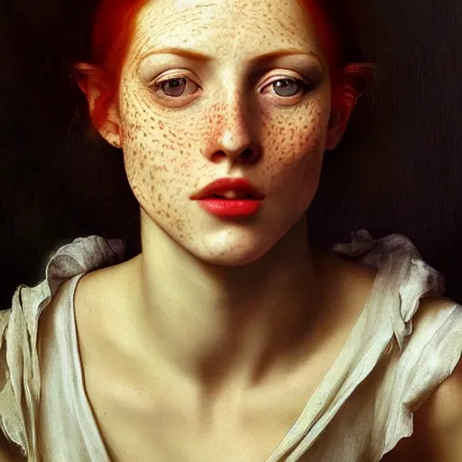 Prompt: portrait of a red haired woman, long hair, green eyes, hint of freckles, beautiful round face, soft amazed smiles, among golden fireflies, highly detailed, deep focus, elegant, digital painting, smooth, sharp focus, golden ratio, dramatic illumination, ultra realistic, 8 k, art by artemisia lomi gentileschi and caravaggio