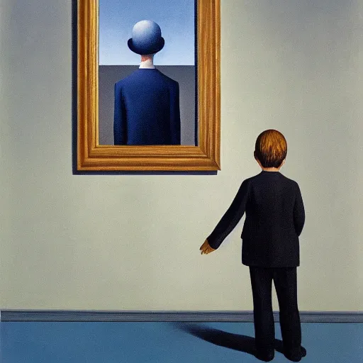 Image similar to a Magritte painting of a boy and his dinosaur