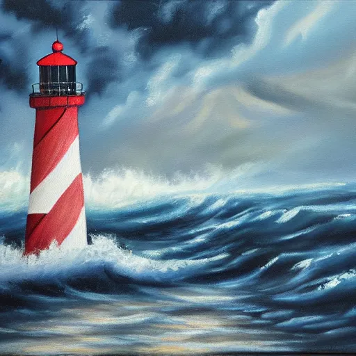 Prompt: a lighthouse weathering the incoming storm, oil painting, panic colors, high-res