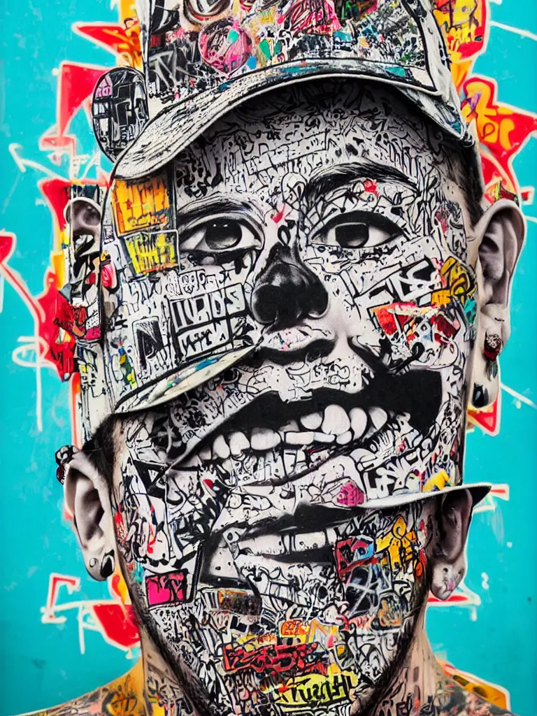 Prompt: a multilayered mixed media street art on paper bursting with nostalgic pop culture and hip - hop references, punk and graffiti symbols and tattoo designs, sharp details and in focus, high resolution, flat evenly lit background, art by stikki peaches