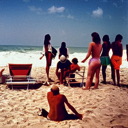 Prompt: a photo of people at the beach, by william eggleston, 1976