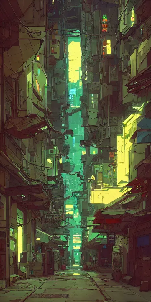Prompt: cyberpunk alley, detailed, cel shaded, by makoto shinkai and moebius and anton fadeev and james gurney,