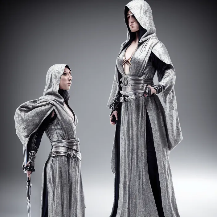 Prompt: full length photograph of a real-life beautiful!! female assassin with intricate silver robes, Extremely detailed. 8k