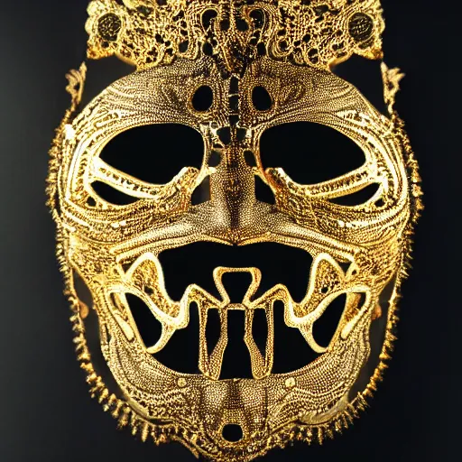 Image similar to metallic head of Behemoth, surrounded by intricate gold lace metalwork on a black smokey background metallic, accent lighting, glowing, gold