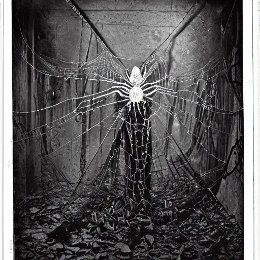 Image similar to 1860 photo of an ancient fractal spider-woman-demon on an abandoned factory on the middle of a forest, spooky , spider webs, devouring the human soul, veins, arteries, intricate, golden ratio, full frame, microscopic, elegant, highly detailed, ornate, ornament, sculpture, elegant , luxury, beautifully lit, ray trace, 3d, PBR