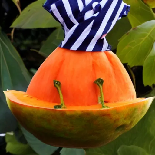 Image similar to a strong papaya fruit dressed as a sailor