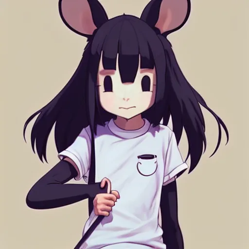 Image similar to a full body portrait of an anthropomorphic rat girl with large furry rat ears, and a long rat tail, dressed in a tee shirt and combats, finely detailed features, closeup on the faces, trending on pixiv fanbox, by makoto shinkai takashi takeuchi studio ghibli, akihiko yoshida